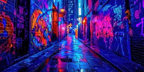Naklejka premium Neon colored alleyway with graffiti on the walls