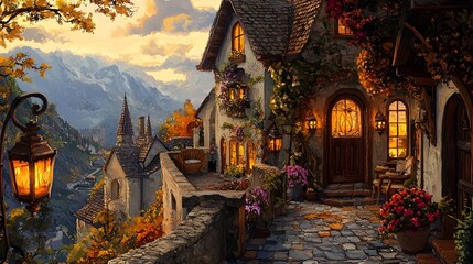 Fototapeta premium Cozy Outdoor Balcony with Lanterns and Potted Flowers for Relaxing Countryside Retreat