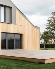 Modern architectural design featuring wooden facade and spacious outdoor deck