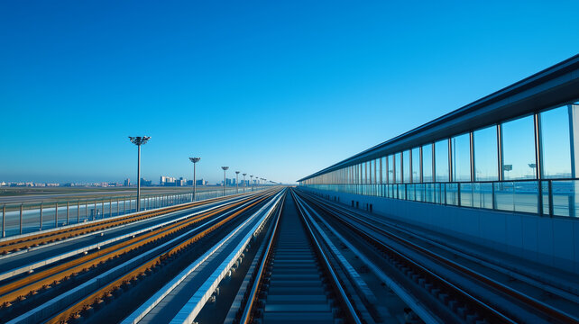 Elevated Train Tracks Against a Clear Blue Sky