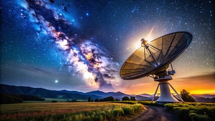 Satellite Dish Receiving Signal, Clear Night Sky, Rural Landscape