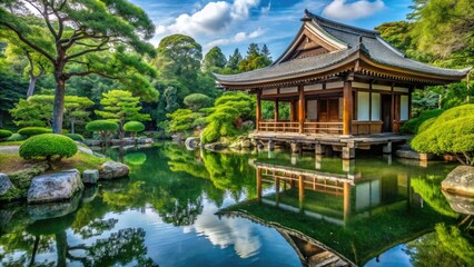 Fototapeta premium Ancient Japanese shrine with a tranquil pond and serene garden, bamboo fencing, peaceful atmosphere