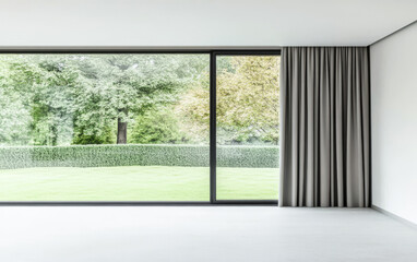 Modern living room with large window showcasing green garden and serene landscape