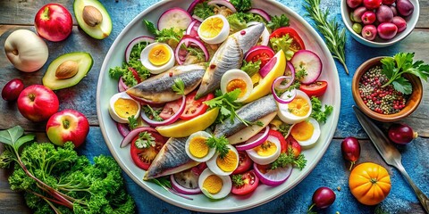 Fototapeta premium Scandinavian Herring Salad: Top View Flat Lay of Kosher Apple, Red Onion & Egg Dish