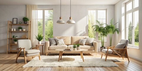 Fototapeta premium Scandinavian Minimalist Living Room: Modern Design, Cozy Atmosphere, Natural Light