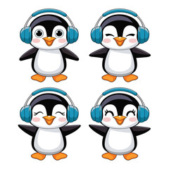hand drawn Cute Cartoon adorable Penguins set with blue headphones isolated on a white background, different poses