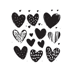 black silhouette Vector hand-drawn childlike doodle heart icon set. Black stroke on white background.