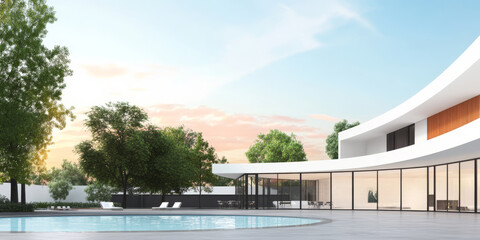 Fototapeta premium Modern architecture featuring a sleek swimming pool and lush landscaping at dusk