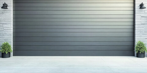 Modern garage exterior with well-kept plants and clean lines in a contemporary setting