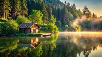Fototapeta premium Secluded Lakeside Cabin in a Forest - Peaceful Nature Escape Stock Photo