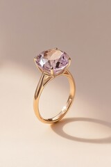 Gemstone ring showcases brilliant facets in exquisite golden setting under soft light