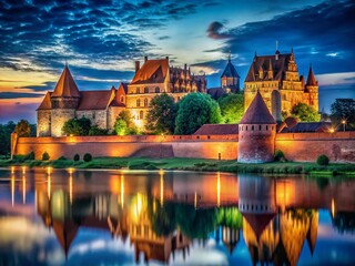 Obraz premium Majestic Night View of Malbork Castle, Poland - Illuminated Fortress Walls