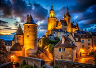 Fototapeta premium Semur-en-Auxois: Low Light Gothic Towers, Night Photography, France