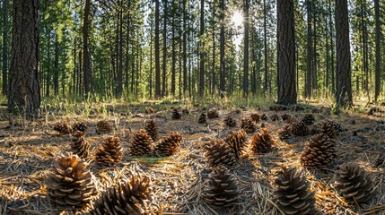 A close-up of pinecones scattered on the forest floor in an evergreen forest.