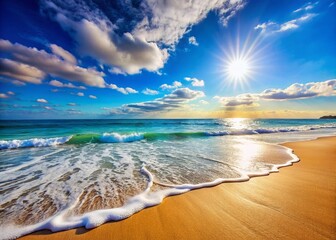Serene Beach Scene: Gentle Waves Rolling Onto Sandy Shore Under Clear Blue Sky