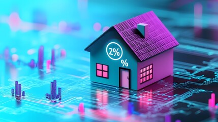 Holographic 3D Display of House with Percentage Icon and Financial Indicators Representing Property Market Trends