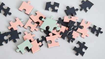 Naklejka premium Pastel puzzle pieces scattered on a table; problem-solving concept; website background