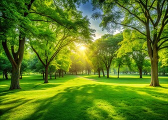 Fototapeta premium Serene City Park Glade: Lush Green Grass and Trees, Perfect for Relaxation