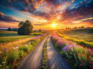 Serene Country Road at Sunset: Idyllic Rural Landscape Photography
