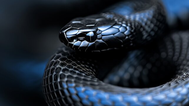 Black Mamba on Rocky Terrain: A sleek black mamba slithering across a rocky outcrop, its metallic sheen reflecting the afternoon sun. Reptile. Wildlife. Snakes.