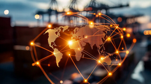 Global network connections are shown using a glowing world map over a blurry twilight image of a cargo port. This image represents international commerce, logistics, and global communication.