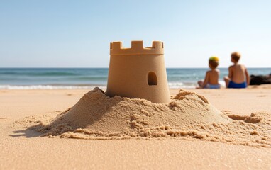 A sandcastle stands on a beach, with children sitting in the background, enjoying a sunny day by the ocean.