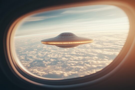 Capture of a futuristic ufo through an airplane window soaring above the clouds at sunset