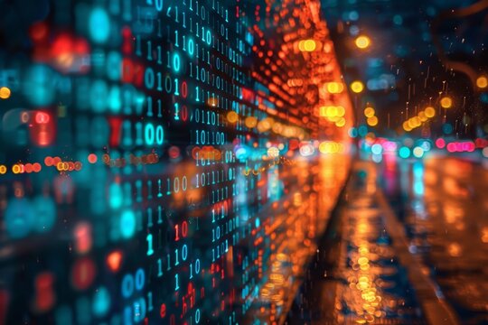Abstract binary code lights on rainy street: urban technology and digital data concept in modern stock photography