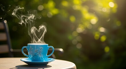 Fototapeta premium Vibrant blue patterned teacup with heart-shaped steam rising from hot beverage, concept for morning relaxation, cozy cafe atmosphere and romantic breakfast.