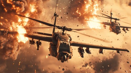 Intense helicopter battle scene amidst explosions and debris in dramatic sky - dynamic action shot capturing military aerial combat with fire and smoke