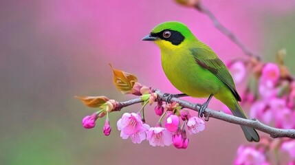Vibrant Green Bird Perched on Pink Blossoms