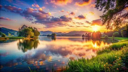 Obraz premium Serene Lakeside Landscape with Copy Space: Breathtaking Nature Photography