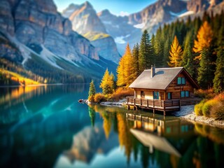 Fototapeta premium Serene Lakeside Mountain Cabin: Tilt-Shift Photography Stock Photo