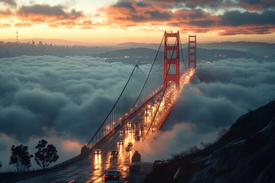 Dramatic sunset over golden gate bridge emerging from enveloping fog: captivating blend of nature's majesty and iconic architecture in a mesmerizing scene