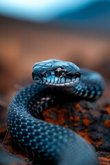 Black Mamba on Rocky Terrain: A sleek black mamba slithering across a rocky outcrop, its metallic sheen reflecting the afternoon sun. Reptile. Wildlife. Snakes.