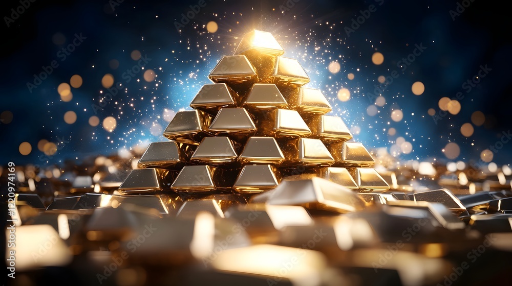 Aufkleber majestic 3d rendered golden pyramid of stacked bars with glowing light from the summit highlighting 