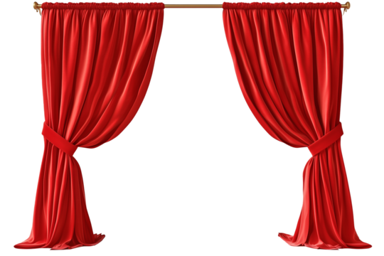 Elegant Red Theater Curtains on Transparent Background - Pair of vibrant red curtains with golden rod, perfect for theater, performance, or stage designs