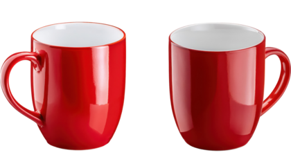 Set of two elegant red mugs, perfect for coffee or tea, adding color to any table.