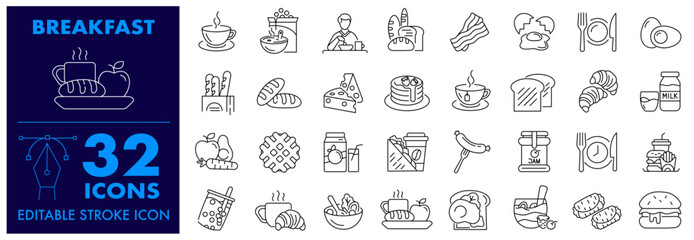 Breakfast icons  Bread, Egg, Coffee, Cereals, Pancakes, Toast, Bacon, Orange Juice, Baguette, Healthy Food, Related to food and drink Meal Editable  Stroke Icons set.