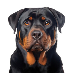 Portrait of a Rottweiler with intense expression and striking fur patterns.