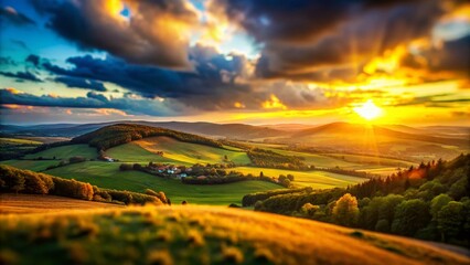 Miniature Dramatic Sunset Landscape, Tilt-Shift Photography, Golden Hour, Idyllic Scene