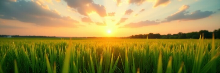 Gentle breeze rustles the blades of tall green grass as sun dips low in the horizon, landscape, sky