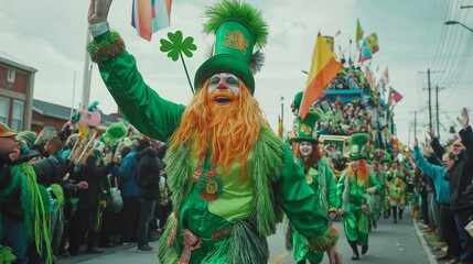 Fototapeta premium A lively St. Patrick's Day parade with cheerful participants waving flags with clovers. The festive atmosphere is filled with joy, vibrant green colors, cultural pride, celebrating a beloved holiday