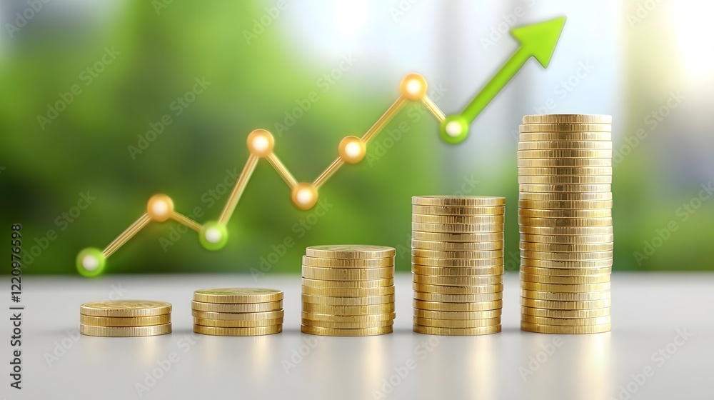 Poster Stacked gold coins arranged next to a growth chart depicting financial success and investment strategies on a clean white background representing the concept of economic development and growth
