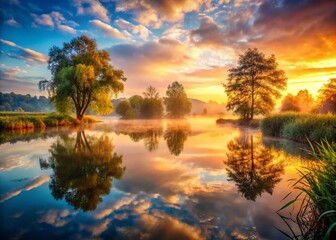 Serene Pond at Dawn: Tranquil Reflections in Soft Morning Light