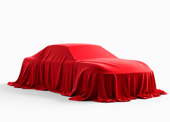 Car covered a red fabric draping on white background