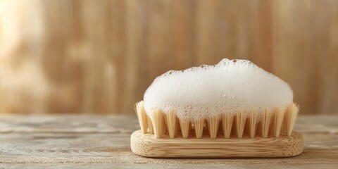 Realistic Hand Brush with Soap Foam on Bristles Against Wood Background
