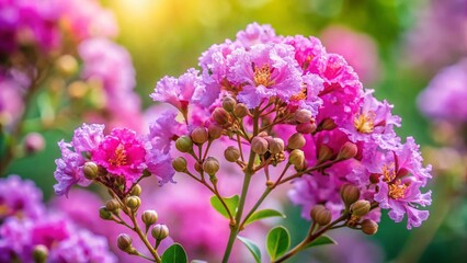 Obraz premium Miniature Lagerstroemia Speciosa Flowers, Tilt-Shift Photography, Close-up, Pink, Purple