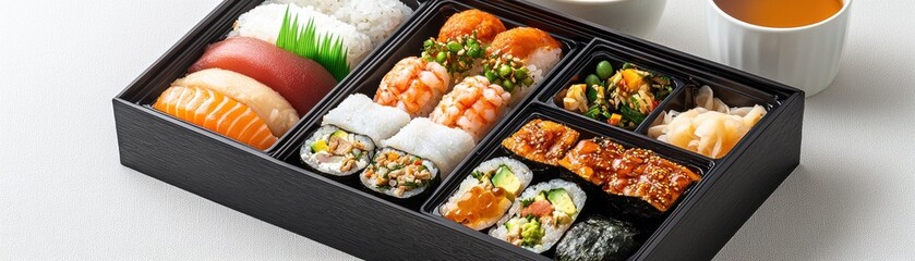 A beautifully arranged bento box featuring various sushi, sashimi, and side dishes, accompanied by a cup of tea.