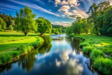 Serene River Flowing Through Lush Green Forest Park - Long Exposure Photography